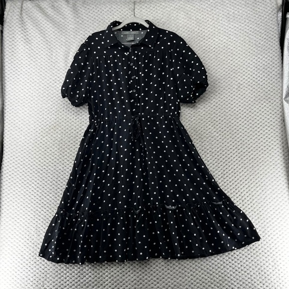Lark + Grey Polka Dot Shirt Dress Short‎ Sleeve Ruffle Hem Swing Casual Size M - Picture 1 of 8